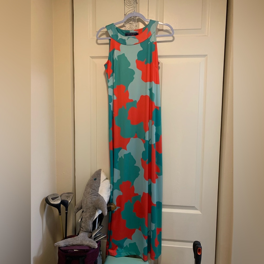 Katherine Way Maxi dress Sz S NWOT light teal modern print w coral red